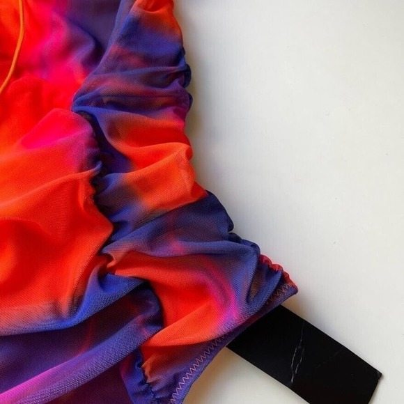 H:ours Revolve Bodysuit Lace Up Orange Blue Tie Dye Mesh Strappy Thong Top Small - Picture 5 of 13